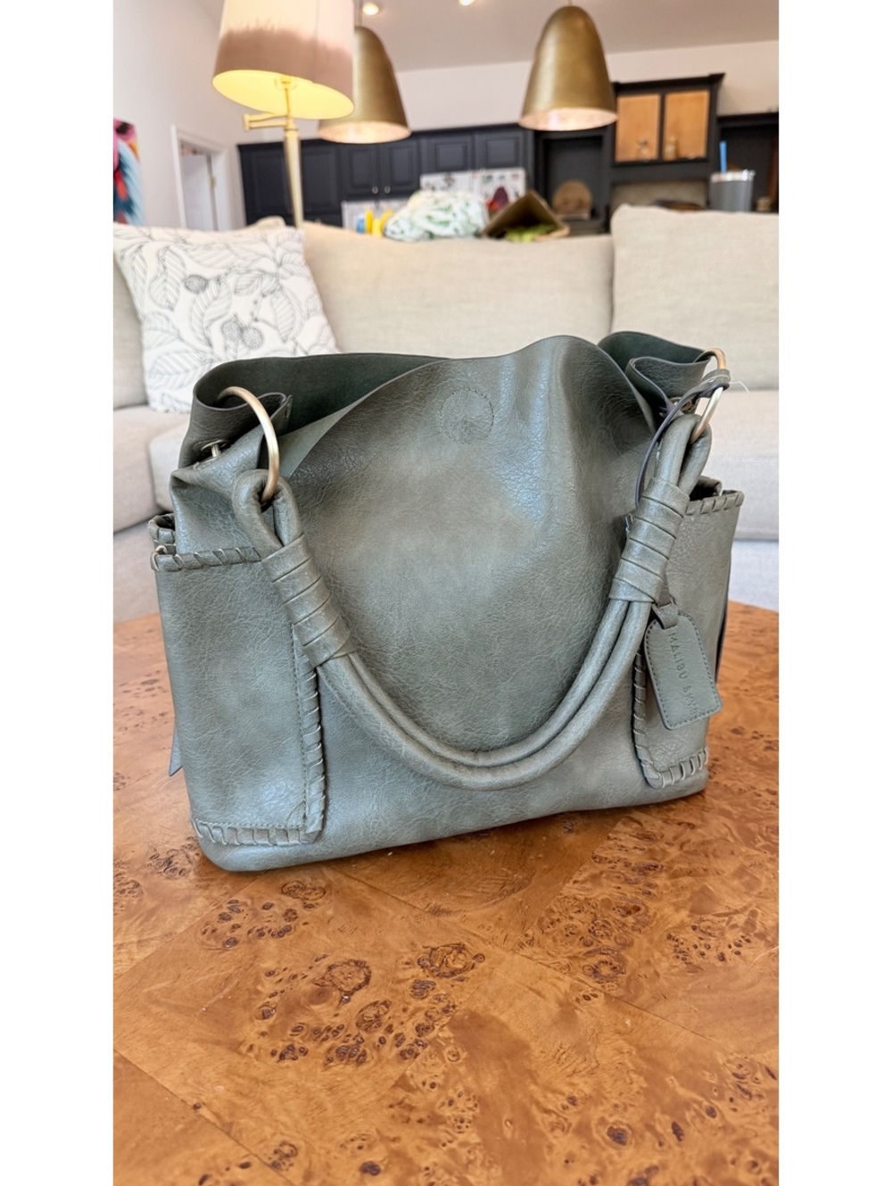 Malibu Style Sage Green Leather Tote Bag